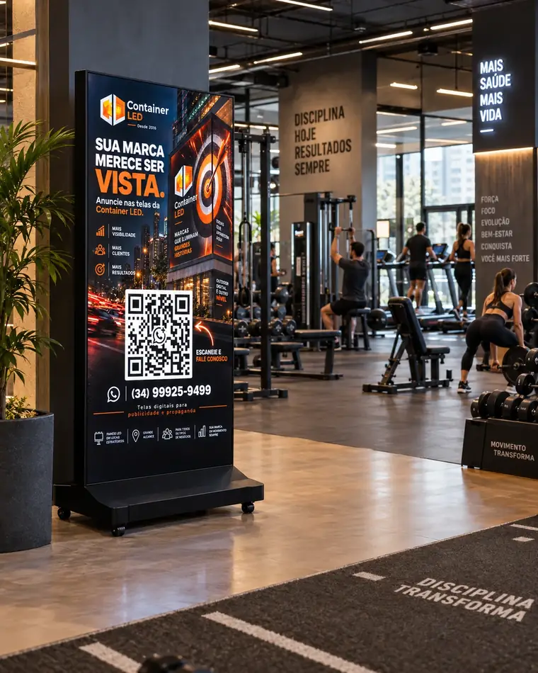 Totem digital Container LED Full instalado em academia