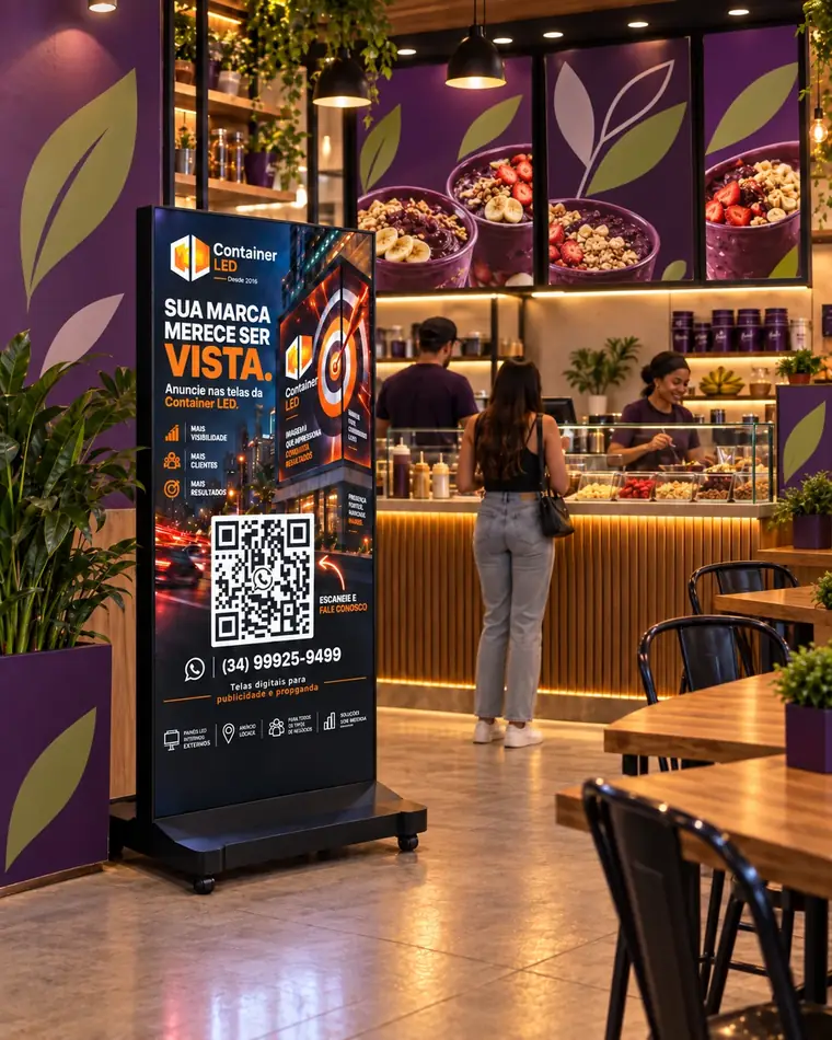 Totem digital Container LED Full instalado em açaiteria