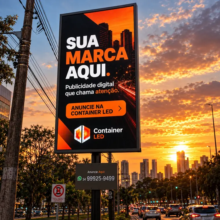 Painel outdoor Container LED em avenida ao entardecer