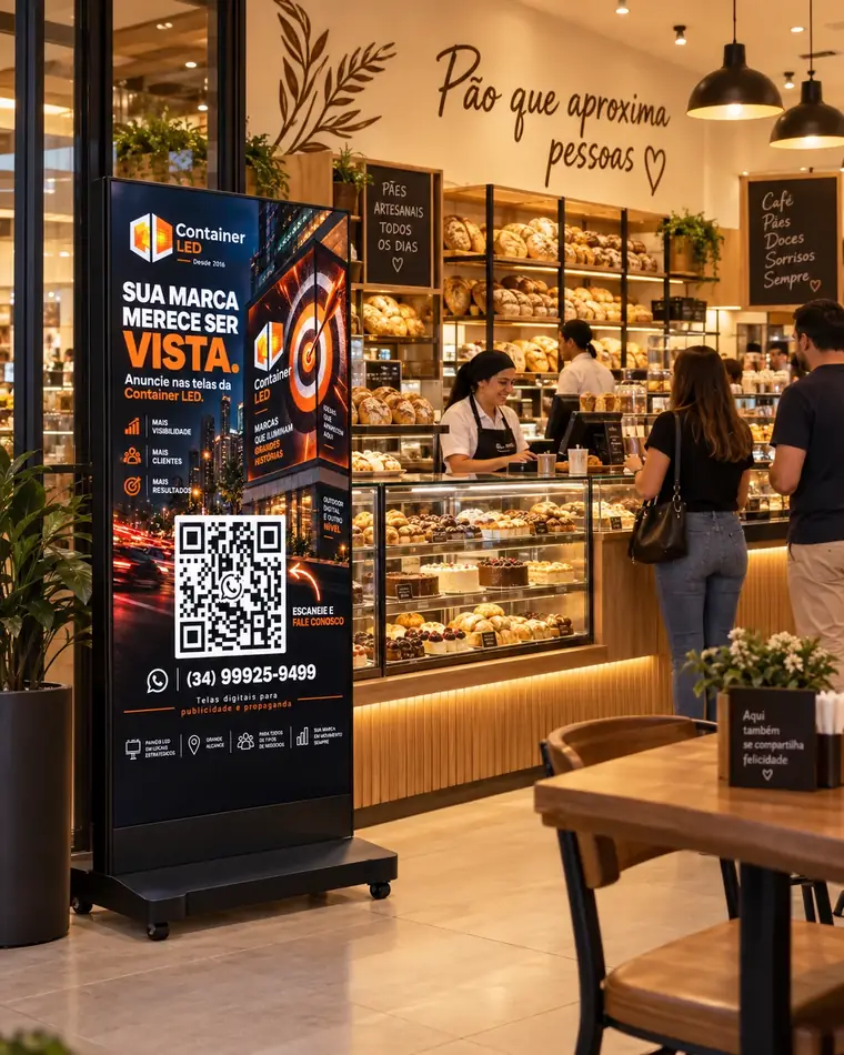 Totem digital Container LED Full instalado em padaria